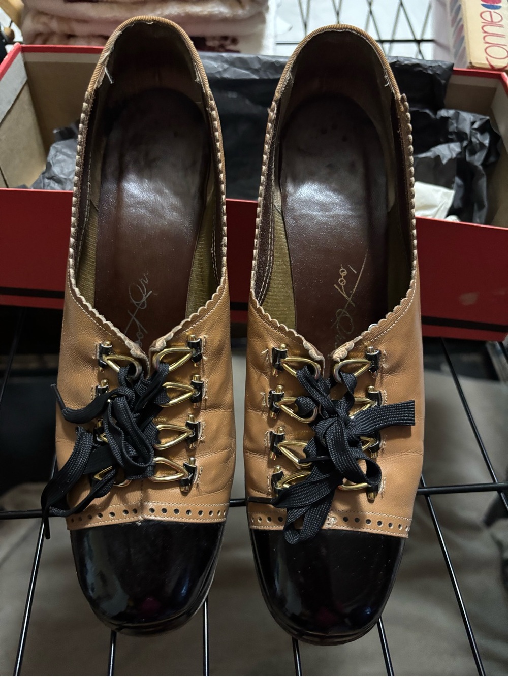 Vintage Women’s Two-Tone Tan and Black Lace-Up Heels